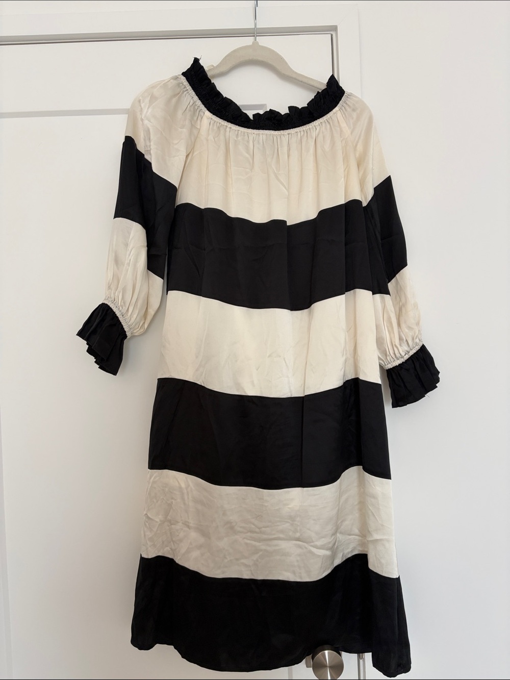 Cynthia Rowley Black & White Striped Off-Shoulder Midi Dress